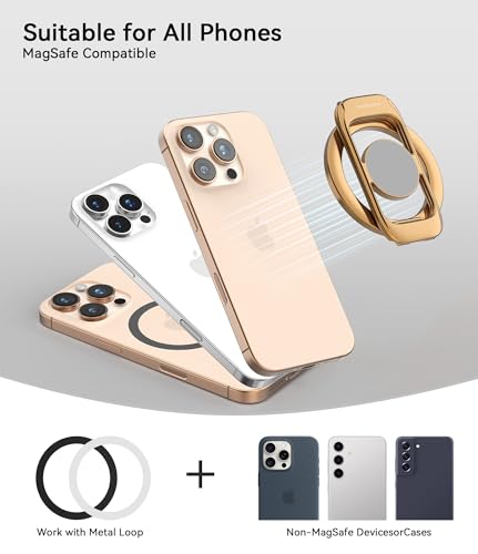 Magnetic Phone Ring Holder for MagSafe Phone Grip & Kickstand, Strong Dual-Sided Magnets Compatible with MagSafe Car Mount for iPhone 17/16/15/14/13/12 Pro Max and Android Phone Cases (Gold) - color: Gold