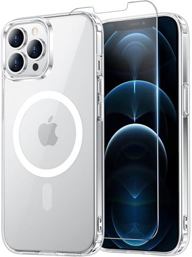 for iPhone 12& iPhone 12 Pro Case Clear with Screen Protector, Compatible with Magsafe, Anti-Yellowing, Military-Grade Protection, Shockproof Slim Magnetic Phone Case Cover, Transparent - color: A-Clear, size: iPhone 12/12 pro