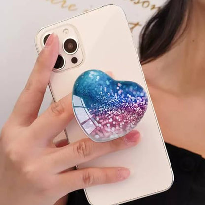 Expandiing Moblile Phone Grip Heart Glass Holder for Smartphones, Cell Phone Collapsible Stand（ Blue Rose Gold Glitter