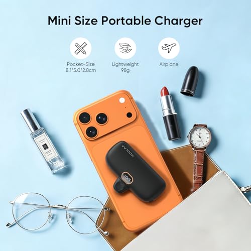 Kuulaa Portable Phone Charger with Built-in USB-C Plug, 5000mAh Mini Portable Charger Power Bank Small Battery Pack for iPhone 15/16/17 Samsung S24/S23 & Android (Black) - color: Black