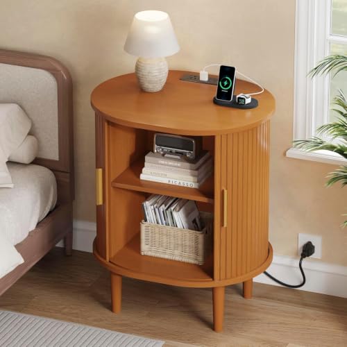DHH Mid Century Modern Nightstand with Charging Station, Fluted Accent Side Table with Sliding Door & Adjustable Shelf, End Table for Small Space, Living Room, Bedroom,Sofa Couch(1, Yellow) - color: Yellow Walnut