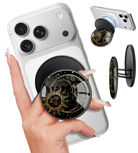 Magnetic Phone Grip, Cute Finger Grip Phone Stand, Black Sun Moon - color: Black Sun Moon