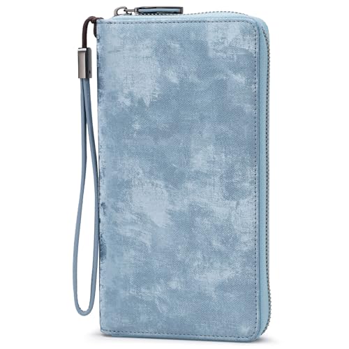 Bveyzi Women RFID Blocking Wallet Leather Zip Around Phone Clutch Large Capacity Ladies Travel Purse Wristlet - color: Ice Blue