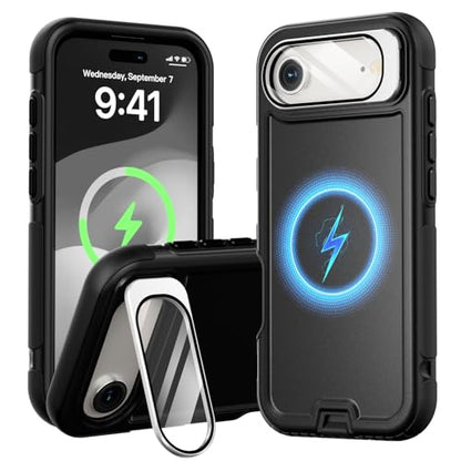 Follaroma Magnetic for iPhone 17 Air Case with Camera Stand, Black, 6.5" | Built-in Glass Camera Cover,Compatible with MagSafe,Heavy Duty Shockproof Protective,Military-Grade Anti-DropDual Layer Cover - color: Black, size: iPhone 17 Air 6.5''