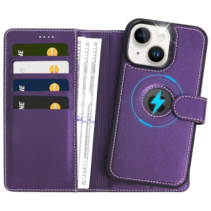 2 in 1 PU Leather for iPhone 15 Case, Detachable Wallet Case with Card Holder, Removable Flip Folio Cover with RFID Blocking, Stand Shockproof Phone Cover（Compatible with MagSafe） Purple - color: Purple, size: Iphone 15