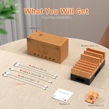 Pezin & Hulin Bamboo Charging Station with 5 Cables-Natural+Black - color: Natural + Black