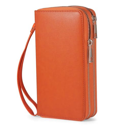 RFID Blocking Cellphone Wallet for Women Dual Zipper Wristlet Large Capacity 17 Card Slots Ladies Travel Clutch Purse with Removable Strap, Orange - color: Orange