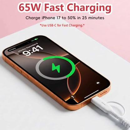 IIIZ 4-in-1 Beaded Charger 65W USB C Carplay Cable for iPhone Duo/18/Galaxy - color: Colorful
