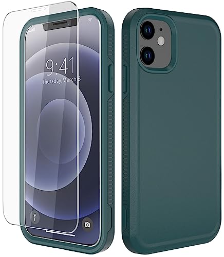 Diverbox for iPhone 12 case [Shockproof] [Dropproof] [Tempered Glass Screen Protector ],Heavy Duty Protection Phone Case Cover for Apple iPhone 12 (DarkGreen-2in1) - color: DarkGreen-2in1