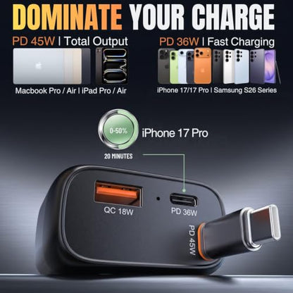 81W Retractable Car Charger, 45W USB-C Cable, 3-Port Fast Charger
