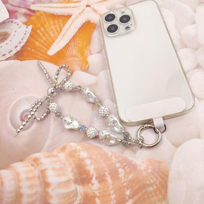 Cute Phone Wrist Strap Chic Beaded Cellphone Lanyard Phone Charm Grip Strap - color: Silver Pearls