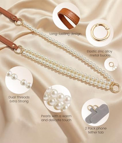 pcgaga Leather Pearl Phone Lanyard for Cellphone Case, Phone Strap Crossbody for Women's Case, Fashion Durable Skin-Friendly - color: Brown