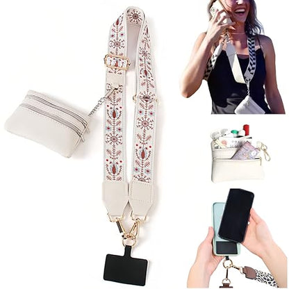 Crossbody Body Phone Holder for Women, New Phone Strap with Zippered Pouch, Adjustable Crossbody Strap - color: Flower White