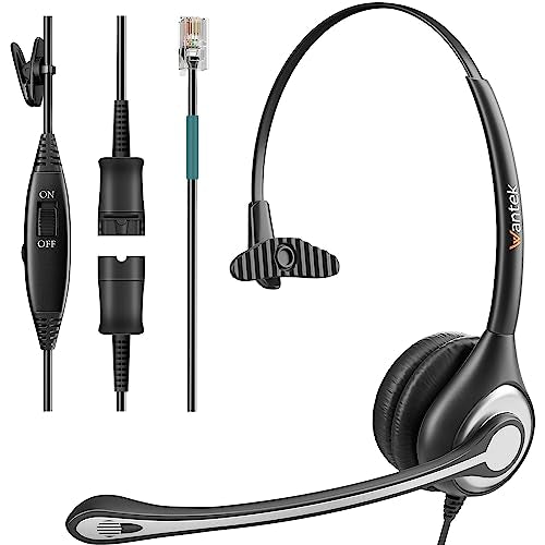Wantek Office Phone Headset RJ9 with Noise Cancelling Microphone and Quick Disconnect Telephone Headset Compatible with Polycom Aastra Shoretel Avaya Mitel Toshiba Grandstream Can Center Phones - color: Black/Silver