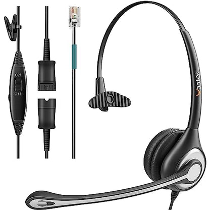 Wantek Office Phone Headset RJ9 with Noise Cancelling Microphone and Quick Disconnect Telephone Headset Compatible with Polycom Aastra Shoretel Avaya Mitel Toshiba Grandstream Can Center Phones - color: Black/Silver