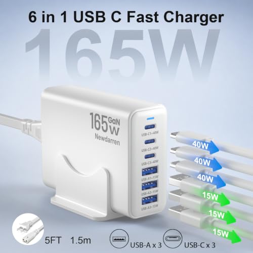 165W Charging Station, 6 Port Desktop Charger, 3 Ports 40W White - color: White