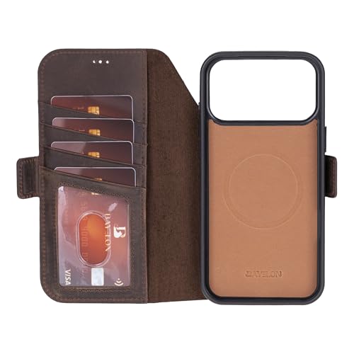 Bayelon Leather Folio Case for iPhone 17 Pro 6.3", Flip Cover Card Holder, Genuine Leather Case, Folio Wallet Case, MagSafe Compatible Shockproof Flip Cover, Rfid Blocking - Dark Brown - color: Dark Brown, size: iPhone 17 Pro