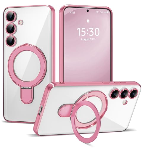 Compatible with Samsung Galaxy S24 FE Case with Magnetic Ring Stand [Compatible with Mag-Safe] [Full Camera Lens Protector] Plating Clear Phone Case for Galaxy S24 FE 6.7", Pink - color: Pink, size: Samsung Galaxy S24 FE