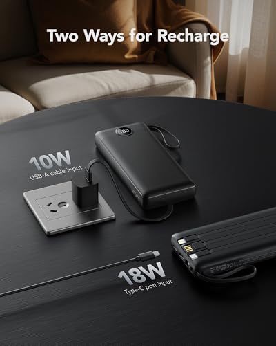 VRURC Portable Charger 20000mAh, Built-in Cables Fast Charging Power Bank, PD QC 3.0 Travel Essentials Battery Pack, 4 Output & 2 Input Phone Charger for iPhone, Samsung, Android - color: Black