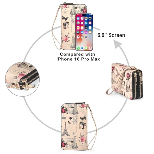 RFID Wallet for Women with Cellphone Pocket - Double Zipper Wristlet Purse Large Capacity, 17 Card Slots, Coin Pocket, ID Window, Effel Tower Flower - color: Beige Tower