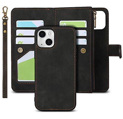 iCoverCase Compatible with iPhone 13 Wallet Phone Case with Card Holder, PU Leather Zipper Pocket Magnetic Detachable Flip Case with Wrist Strap (Black) - color: Detachable--Black