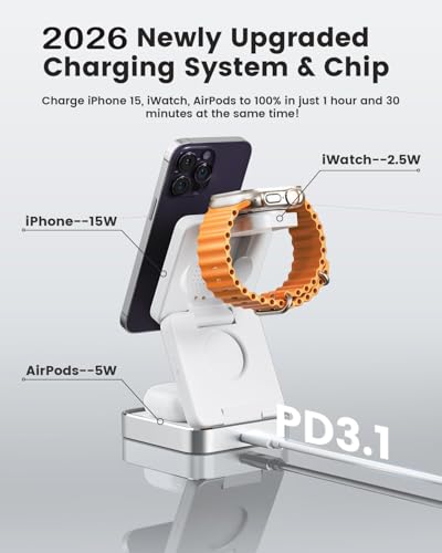 3 in 1 Wireless Charging Station Magnetic Wireless Charger,Portable Foldable Travel Essential with Nightlight Fast Charger Stand for iPhone 17 Pro Max/17 Pro/17Air/17/16/15/14/13,AirPods&Apple Watch - color: White