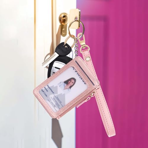 M-Plateau RFID Blocking Keychain Wallet With Leather Wrist Strap | Keychain Wristlet, Womens Card Holder with Zipper Coin Pocket and ID Window (Pink) - color: Pink