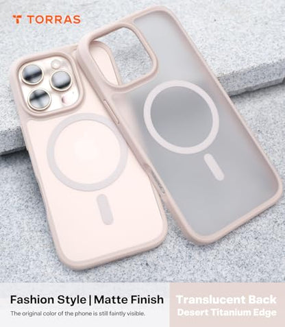 TORRAS Stronger Magnetic for iPhone 16 Pro Case, Matte Desert Titanium | Compatible with MagSafe, Military Grade Drop Protection, Shockproof Airbag, Color Button, Slim Anti-Scratch, Translucent - color: Desert Titanium White