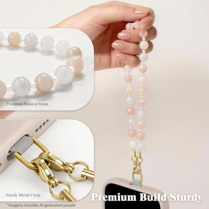SURPHY Natural Stone Phone Charm, Beaded Phone Wrist Strap with Tether Tab - color: Aventurine Shell Pink