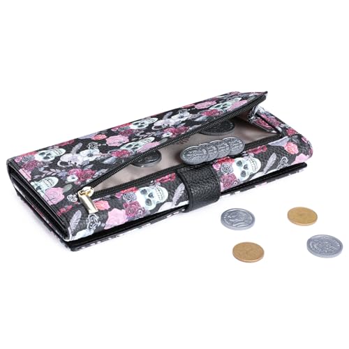 GOIACII Women's Wallet RFID Blocking Large Capacity Card Holder Ladies Phone Clutch Travel Long Purse Skull Goth - color: Z01 Skull Goth Black
