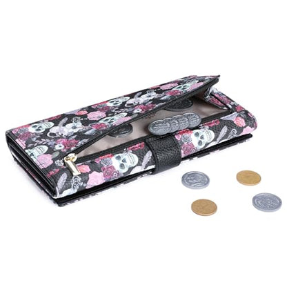 GOIACII Women's Wallet RFID Blocking Large Capacity Card Holder Ladies Phone Clutch Travel Long Purse Skull Goth - color: Z01 Skull Goth Black