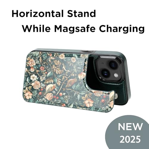 uCOLOR for iPhone 13/14 Wallet Case with Card Holder Blue Tree Birds | Compatible with MagSafe,Folio Flip PU Leather Magnetic RFID Design with Camera Lens Protector - color: Blue Tree Birds