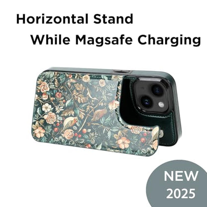 uCOLOR for iPhone 13/14 Wallet Case with Card Holder Blue Tree Birds | Compatible with MagSafe,Folio Flip PU Leather Magnetic RFID Design with Camera Lens Protector - color: Blue Tree Birds