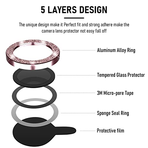 Suoman 3-Pack for iPhone 13 Pro 6.1 inch / 13 Pro Max 6.7 inch Camera Lens Protector, 9H Hardness Tempered Glass Film, [Glitter diamonds] Individual Metal Protective Cover- Pink - color: Pink