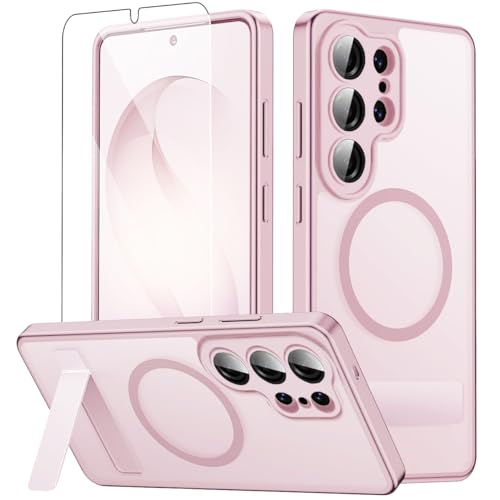 Magnetic for Samsung Galaxy S26 Ultra Case with Stand and Screen Protector & Camera Protector,Galaxy S 26 Ultra Case Compatible with MagSafe,Matte Translucent Shockproof Slimi Phone Case-Pink - color: Pink, size: Samsung Galaxy S26 Ultra