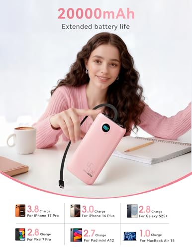 DIAMUAR Portable Charger 20000mAh 45W, Built in USB C Cable, 3W Flashlight - color: Pink