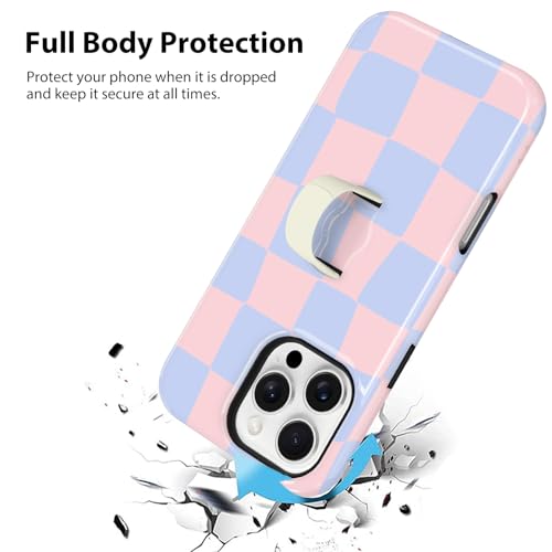 KANGHAR Compatible with iPhone 16 Pro Case Checkered -Pink Blue | Silicone Cute Pattern, Finger Hold Wristband Kickstand Camera Protection Soft Slim Phone Case for Girls Women - color: (Checkered)Pink Blue, size: iPhone 16 Pro