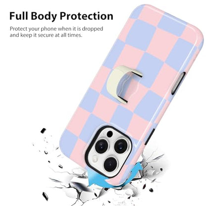 KANGHAR Compatible with iPhone 16 Pro Case Checkered -Pink Blue | Silicone Cute Pattern, Finger Hold Wristband Kickstand Camera Protection Soft Slim Phone Case for Girls Women - color: (Checkered)Pink Blue, size: iPhone 16 Pro