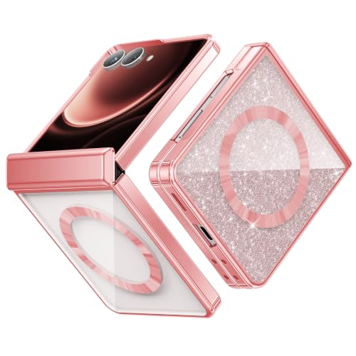 Meifigno for Samsung Galaxy Z Flip 8 Case Compatible with MagSafe,Rose Gold | Raised Camera Protection, Rugged Hinge Protection, Metallic Glossy Plated Edge & Crystal Clear Back, Detachable Glitter Card - color: Rose Gold, size: Z Flip 8