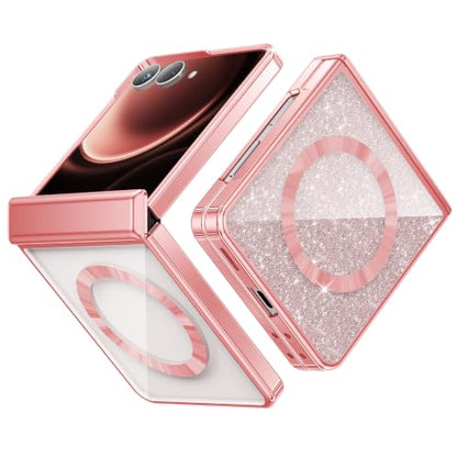 Meifigno for Samsung Galaxy Z Flip 8 Case Compatible with MagSafe,Rose Gold | Raised Camera Protection, Rugged Hinge Protection, Metallic Glossy Plated Edge & Crystal Clear Back, Detachable Glitter Card - color: Rose Gold, size: Z Flip 8