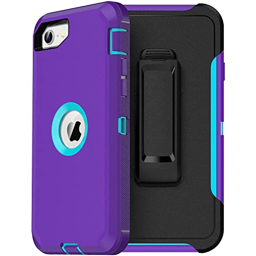 MXX Case Designed for iPhone SE Case 2020/2022 Heavy Duty Protective with Screen Protector [3 Layers] Rugged Rubber Protection Cover & Rotating 360 Degree Belt Clip SE 3rd/2nd Gen(Purple/Light Blue) - color: Purple/Light Blue