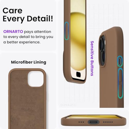 ORNARTO Compatible with iPhone 15 Case 6.1, Slim Liquid Silicone 3 Layers Full Covered Soft Gel Rubber Phone Case, Anti-Scratch Shockproof Protective Cover 6.1 Inch, Brown - color: Brown