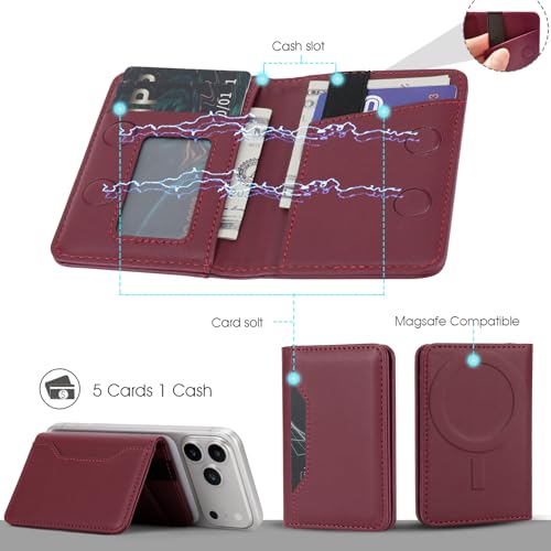 For MagSafe Wallet,Magnetic Card Holder RFID Blocking Wallet with 5 Card Slots & Cash Pocket For iPhone 17/16/ 15/14/ 13/12/ Pro/Max/Plus/Air Red - color: Red