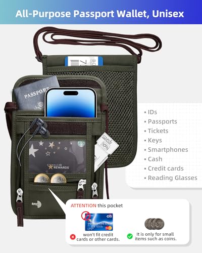 WALNEW Passport Holder Neck Pouch Travel Wallet for Women and Men, RFID Blocking Security Slim Traveling Wallet with Around Neck Lanyard Strap, Army Green - color: Army Green