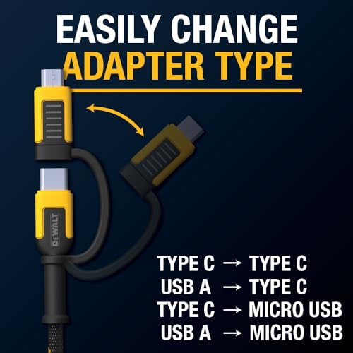 DEWALT Heavy Duty 4-in-1 Cable, Type C/MicroUSB/USB, (6ft, Black)
