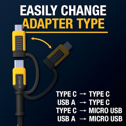 DEWALT Heavy Duty 4-in-1 Cable, Type C/MicroUSB/USB, (6ft, Black)