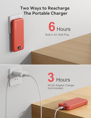 Portable Charger Power Bank 10000mAh with Built in Cables & Wall Plug - color: Crimson