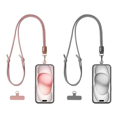 EKAX 2 Pack Crossbody & Neck Phone Strap, Customizable Neck Strap with 0.5mm Removable Phone Tab, Hands-Free Holder for Phone Cases (Rose Pink+Ash Gray) - color: Rose Pink+ash Gray