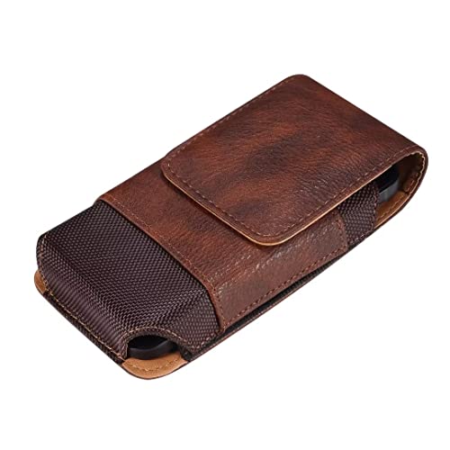 Cell Phone Belt Clip Holster Leather Men, Cell Phone Waist Bag with Card Holder, Vertical Leather Smartphone Pouch with Belt Loop Carry Case Travel Outdoor Camping Phone Belt Holder Wallet Fanny Pack - color: Brown, size: 5.2 INCH