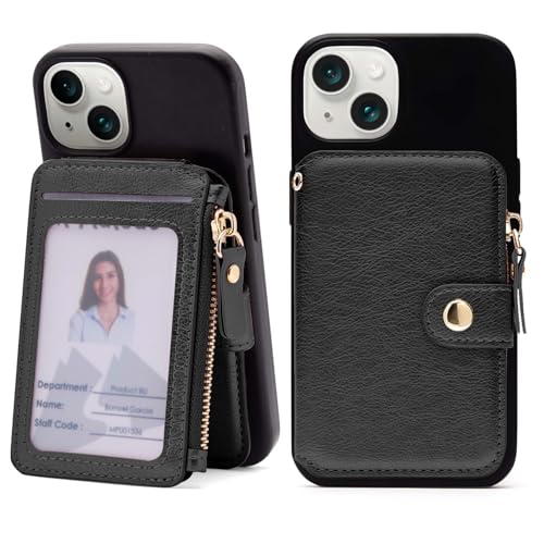 M-Plateau Small Wallet for Women Large Capacity with ID Window | Phone Wallet with Adhesive Card Holder for Phone Case (Compatible with Most Smartphones) (Black) - color: Black